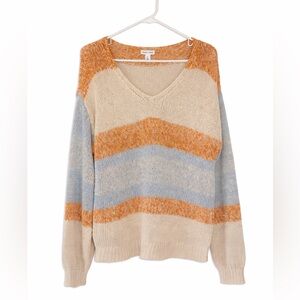 Tribal Jeans Colorblock V-Neck Lightweight Knit Sweater Blue Orange Cream Size L
